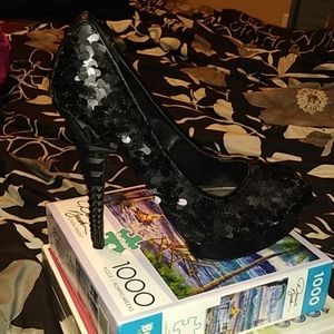 6" stilettos with sequins & designed heels